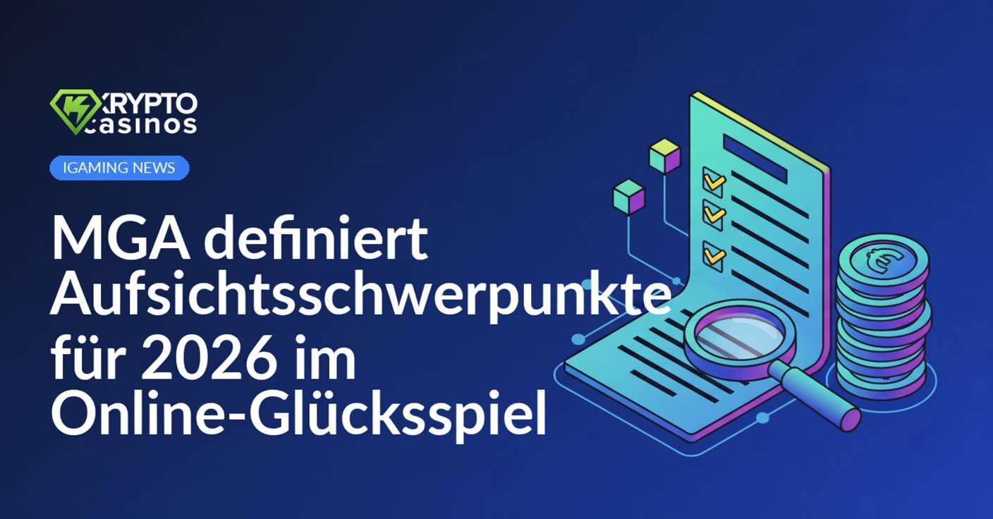 Offizielles Dokument mit Checkliste und Lupe, neben Stapel digitaler Münzen, verbunden mit digitalen Würfeln