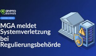 Regierungsgebäude im Hintergrund, Serverrack mit Warnsymbol und Schild mit Vorhängeschloss im Vordergrund