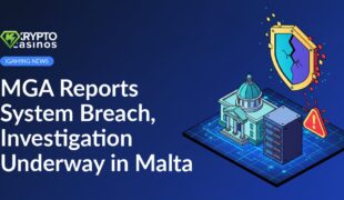 Government office building beside a server rack with red warning icon and cracked digital shield over network grid background