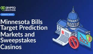 Minnesota capitol building behind legal document with red ban symbol and digital screen showing declining chart with shield icon