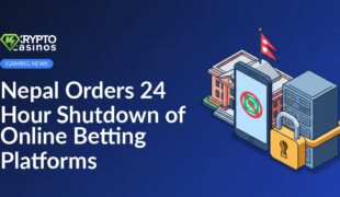 Government building with Nepal flag, smartphone displaying blocked app icon, and server rack secured by large padlock.