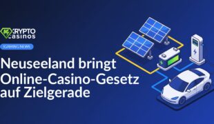 Solarzellenarray auf Dach, Batterie im Metallgehäuse daneben, E-Auto an Ladestation angeschlossen unter blauem Himmel