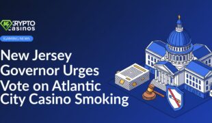 New Jersey State Capitol building with a legislative document, gavel, and shield displaying a no-smoking symbol.