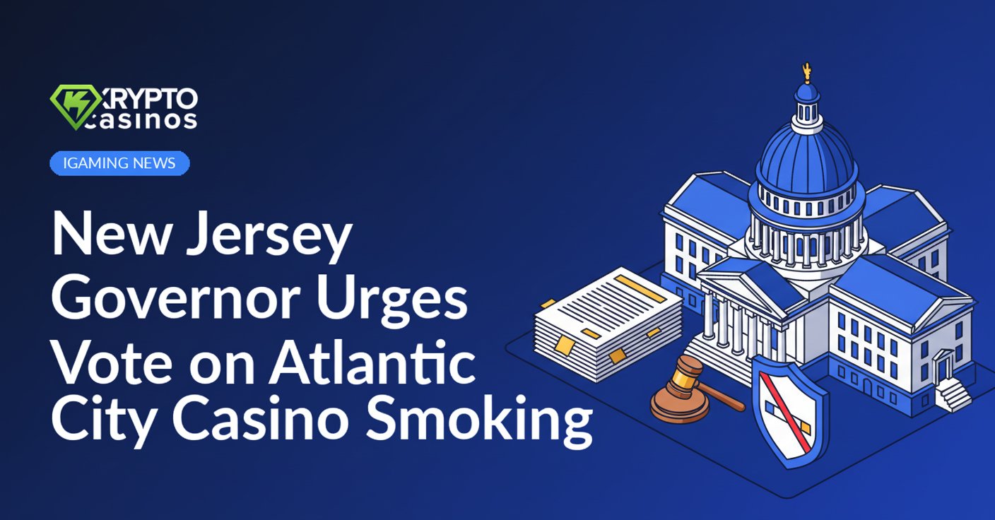 New Jersey State Capitol building with a legislative document, gavel, and shield displaying a no-smoking symbol.