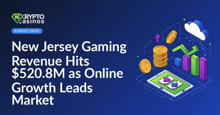 A chart displaying rising gaming revenue bars overlaid on New Jersey state map with digital gaming icons in blue tones.