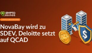 Goldmünze mit Ahornblatt, vernetzte Bürogebäude mit Handschlag-Icon und Schild mit Dollarzeichen vor weißem Hintergrund.