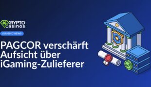 Regierungsgebäude neben zertifiziertem Stempel und Server-Stack mit grünem Häkchen auf blauem Hintergrund