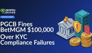 Government building with gavel emblem, server stack displaying warning shield, and coins marked with red penalty tag.