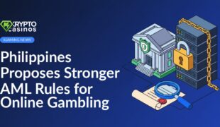 Civic building with shield emblem, locked server stack, stamped document, and magnifying glass arranged on a blue background.