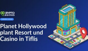 Luxus-Hotel-Turm neben Einkaufszentrum mit Schaufenstern, darunter Stadtkarte mit Standort-Pin auf Tiflis.