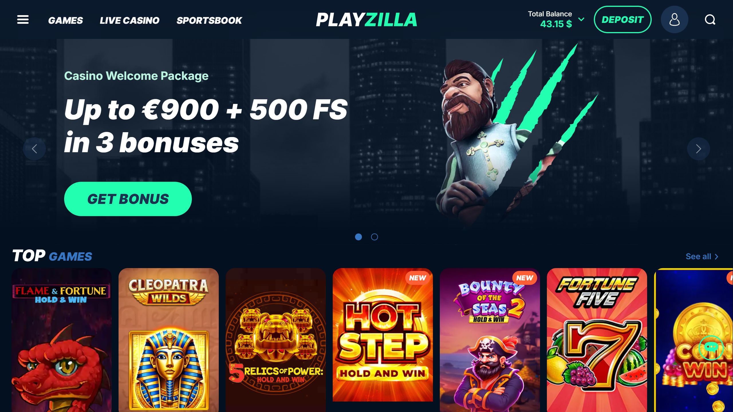 screenshot of Playzilla casino showing the bonus banner and game lobby