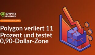 Balkendiagramm mit fallenden Kursen, roter Pfeil zeigt 11% Verlust, Hintergrund Polygon-Logo und Dollar-Symbol.