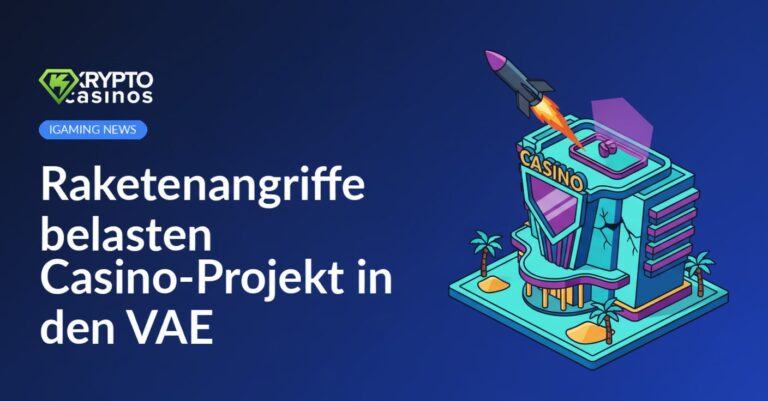 Nächtliche Skyline mit beleuchtetem Casino-Gebäude und rot leuchtenden Raketen am Himmel über Dubai.