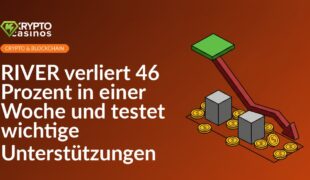 Roter Chart mit steilem Abfall, Hochplateau, zwei festen Unterstützungsblöcken und verstreuten Dollar-Münzen.