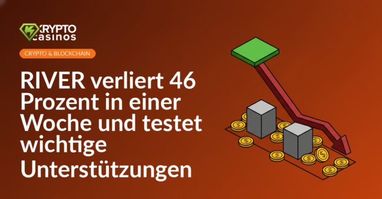 Roter Chart mit steilem Abfall, Hochplateau, zwei festen Unterstützungsblöcken und verstreuten Dollar-Münzen.