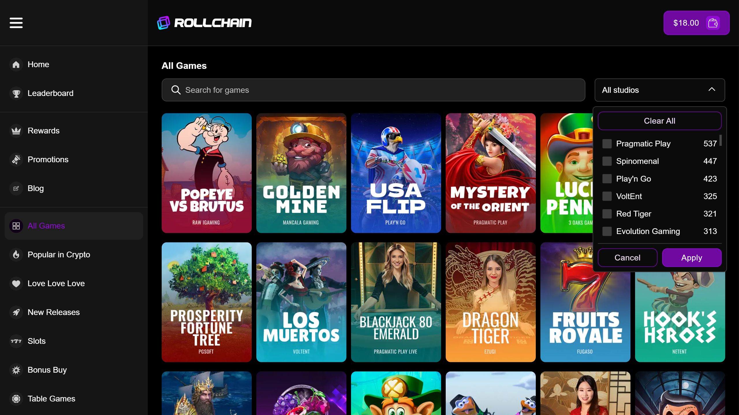 screenshot of Rollchain casino showing the game lobby and software providers