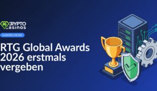 Goldener Pokal mit Tafel, Schild mit Häkchen und Server-Stack mit Schaltkreisen und Zahnrad auf blauem Hintergrund