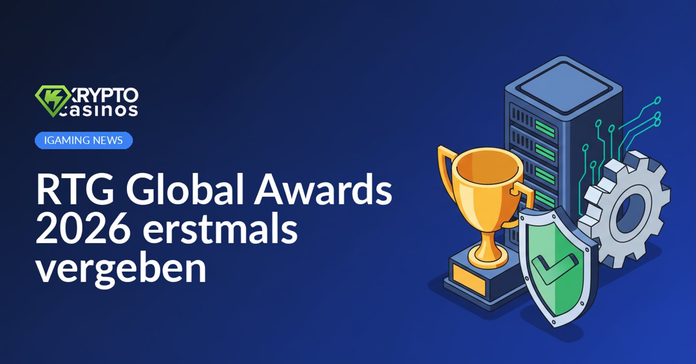 Goldener Pokal mit Tafel, Schild mit Häkchen und Server-Stack mit Schaltkreisen und Zahnrad auf blauem Hintergrund