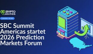 Konferenzgebäude mit großem Banner, Präsentationsbildschirm mit steigendem Balkendiagramm, USA-Karte mit nach oben zeigendem Pfeil