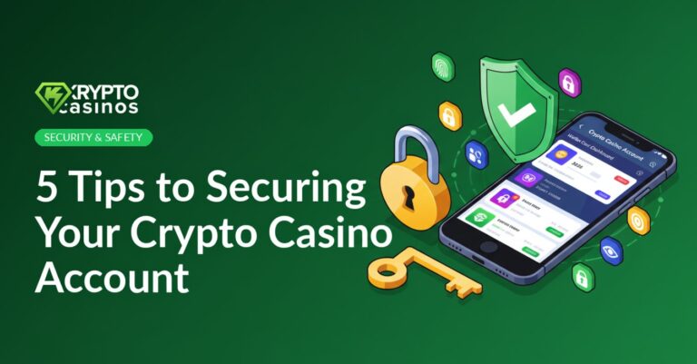 featured image showing smartphone with crypto casino account protected by shield, lock and security icons
