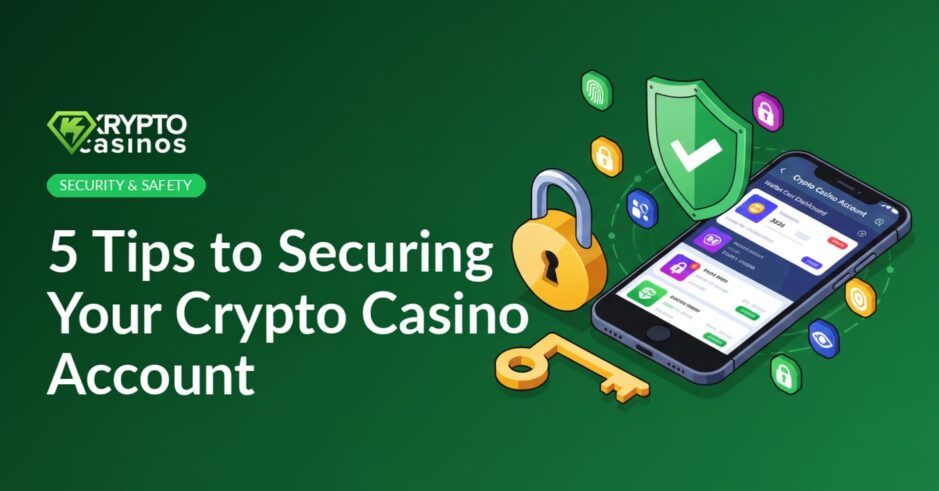 featured image showing smartphone with crypto casino account protected by shield, lock and security icons