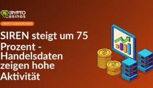 Pfeil nach oben auf Diagramm, goldene Münzstapel und vernetzte Serverknoten auf blauem Hintergrund.