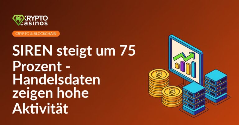 Pfeil nach oben auf Diagramm, goldene Münzstapel und vernetzte Serverknoten auf blauem Hintergrund.