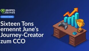 Schreibtisch mit Spielcontroller, aufsteigendem Balkendiagramm und goldener Trophäe vor hellem Hintergrund