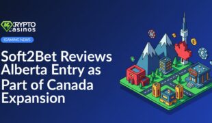 Soft2Bet logo beside Alberta province map shaded in red, with a Canadian flag background and digital network lines overlayed