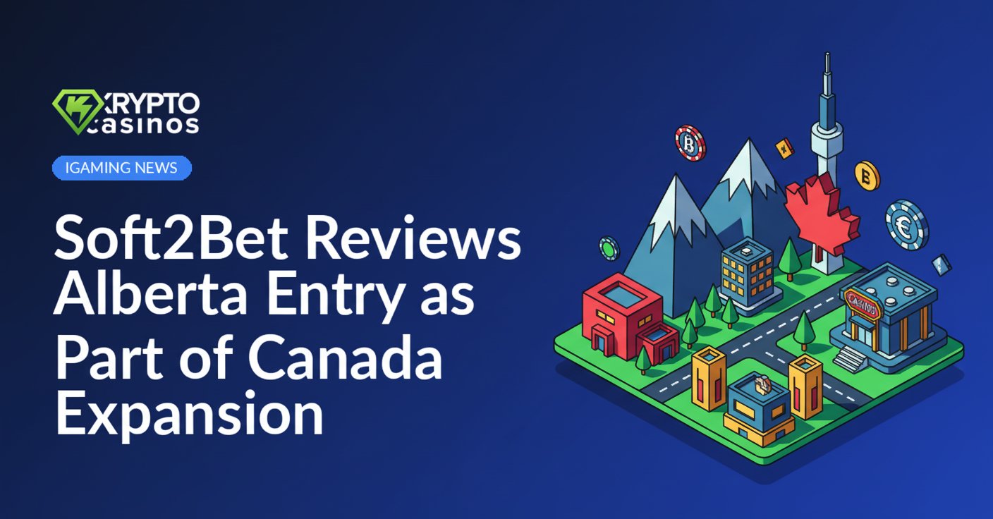Soft2Bet logo beside Alberta province map shaded in red, with a Canadian flag background and digital network lines overlayed