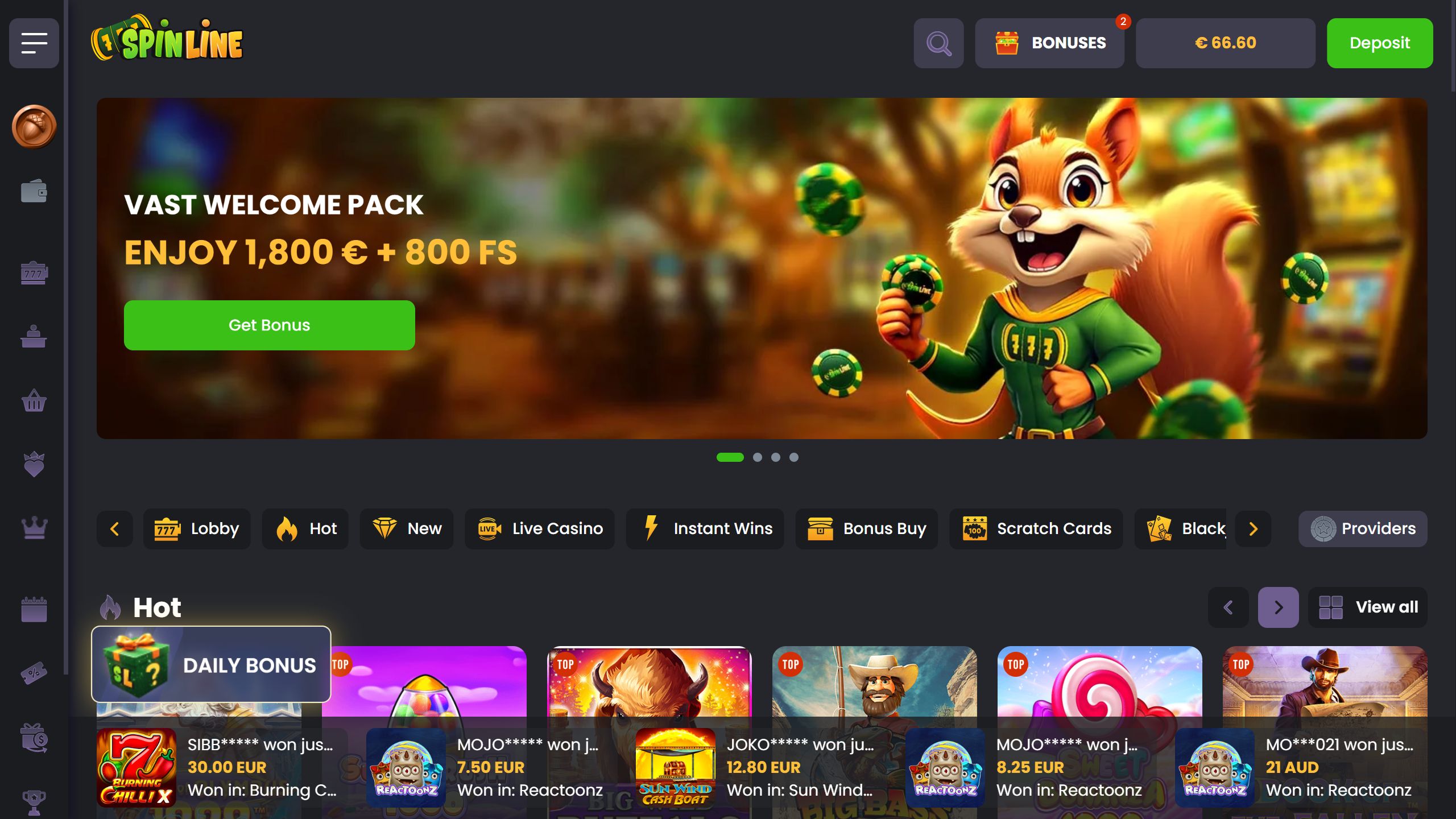 screenshot of Spinline casino showing the bonus banner and game lobby