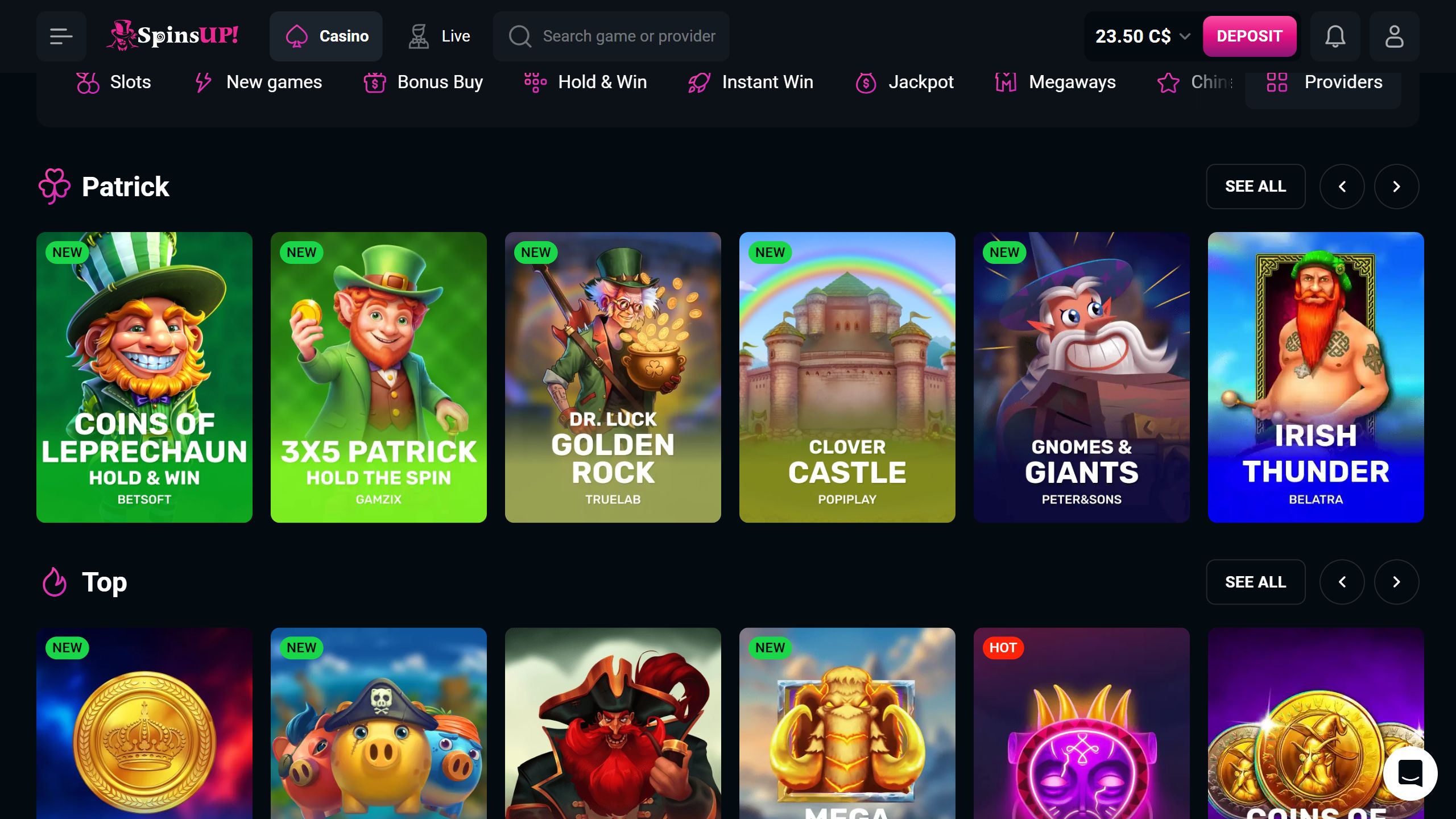 screenshot of SpinsUp casino showing the game categories and game lobby