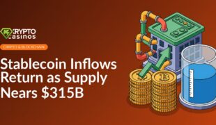 Stack of coins with upward arrow chart, glass tank with level gauge, and exchange building connected by pipes.