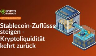 Glasgebäude einer Börse mit Rohrleitung, durch die Münzen fließen, daneben transparenter Flüssigkeitstank mit Coins