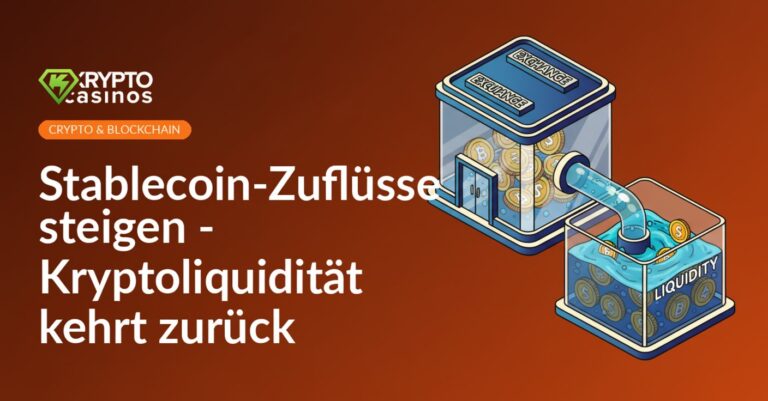 Glasgebäude einer Börse mit Rohrleitung, durch die Münzen fließen, daneben transparenter Flüssigkeitstank mit Coins