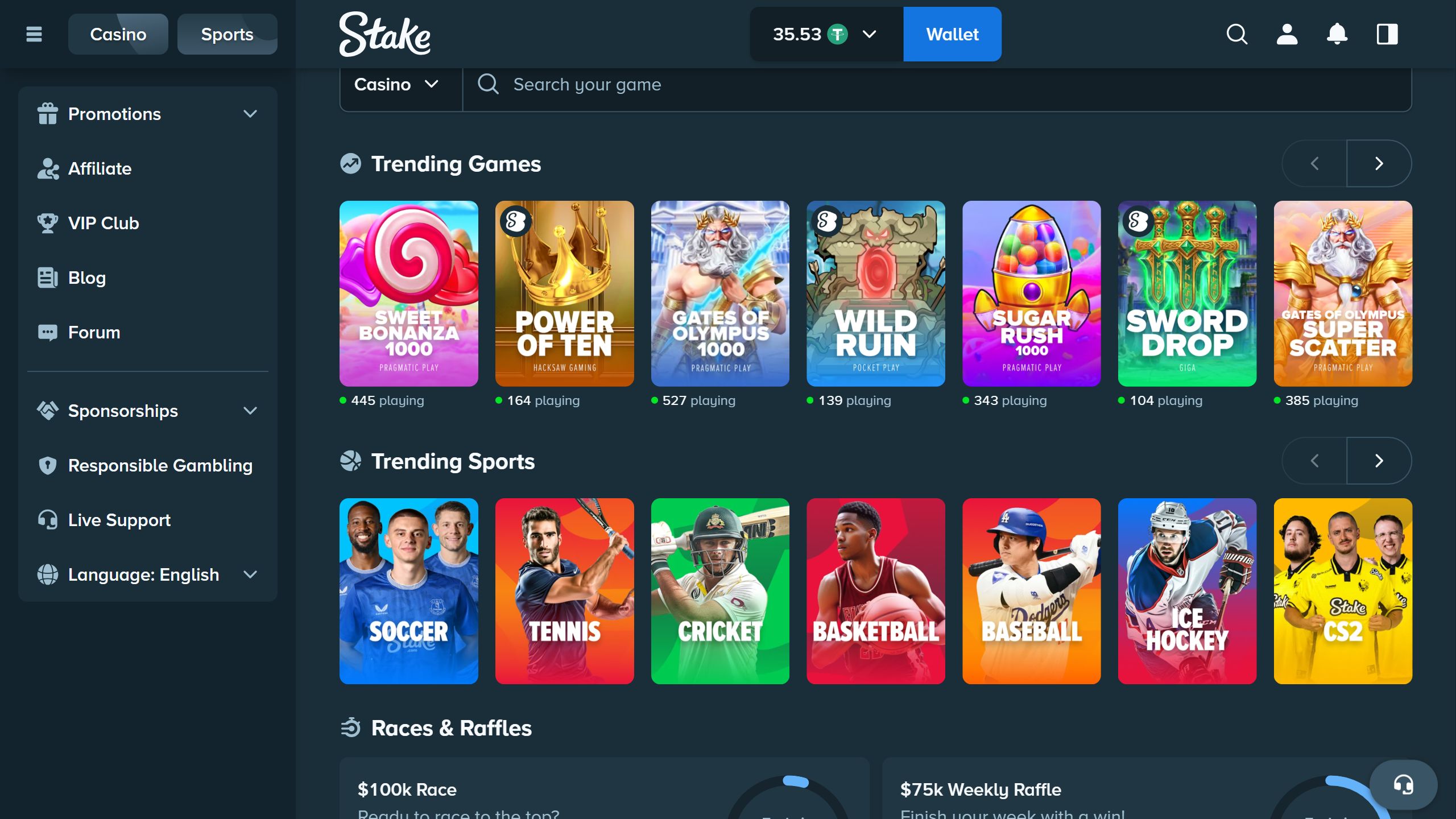 screenshot of Stake casino showing the game lobby and left-side menu