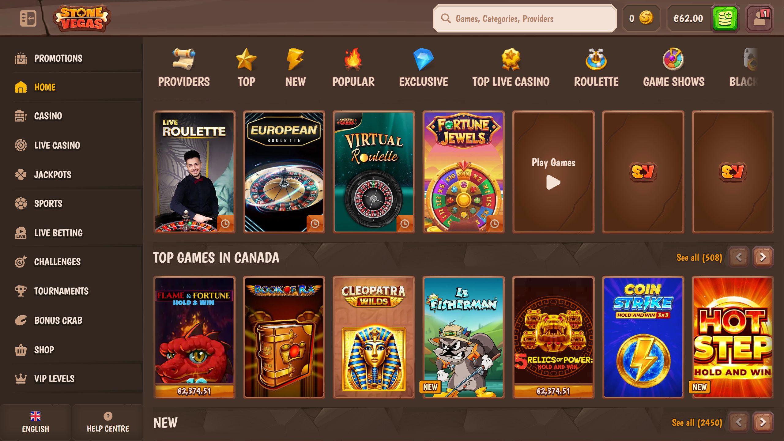 screenshot of StoneVegas casino showing the game lobby and left-side menu