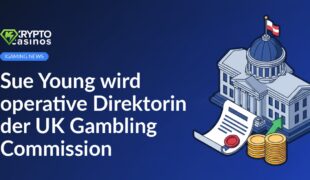 Regierungsgebäude mit Flagge, gestempeltes offizielles Dokument und Münzstapel mit nach oben zeigendem Pfeil.