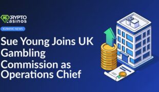 Office building beside a sealed certificate and a stack of coins with an upward arrow on a white background.