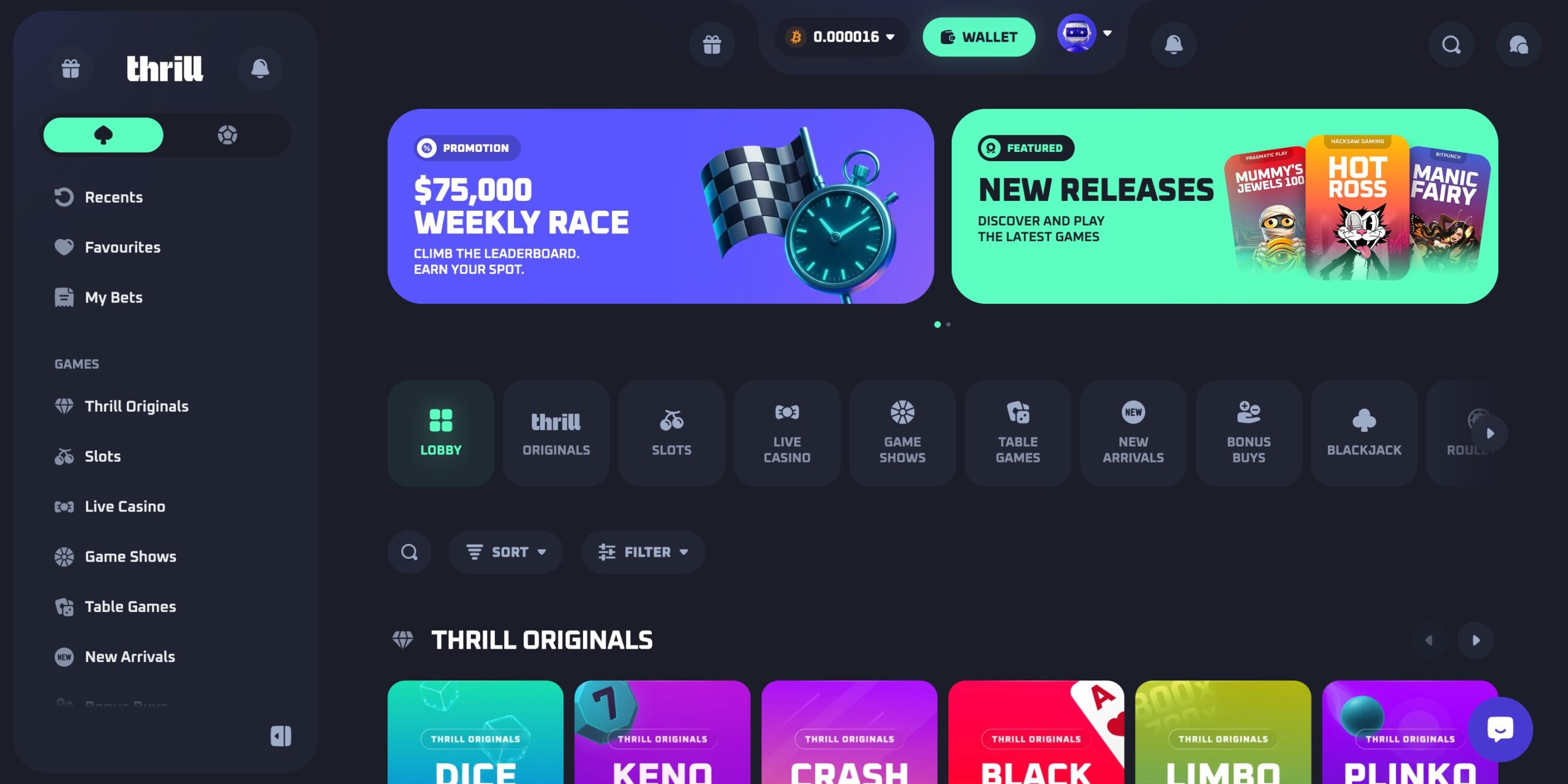 desktop screenshot of the thrill casino showing thrill originals and left-side navigation menu