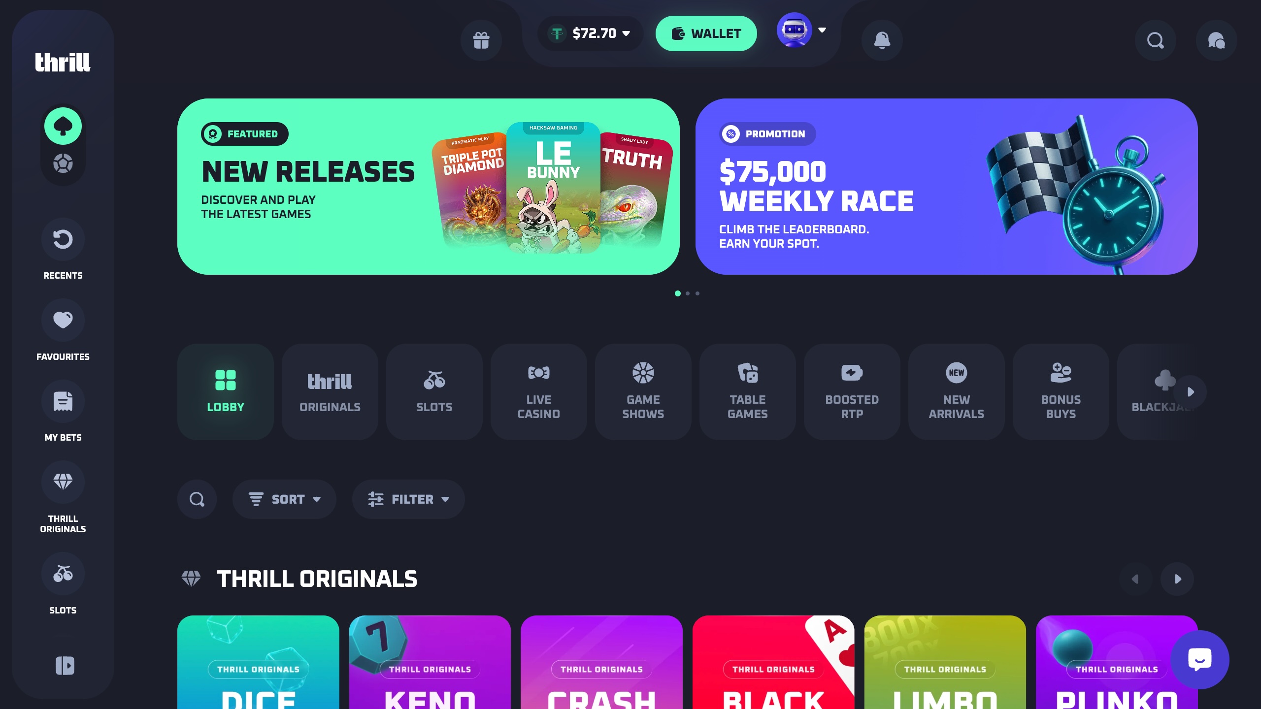 Das Bild zeigt die Desktop Startseite nach erfolgreichem Login bei Thrill Schweizmit dem Bonusbanner und der Spielesammlung