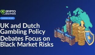 Two parliament buildings with a stack of coins and upward arrow beside a shield overlaying a map of Europe.