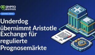 Börsengebäude mit Vertrag und Stift im Vordergrund, dahinter sicherer Tresor mit Schild und Pfeilen.