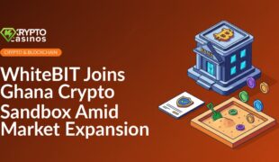 Digital bank building next to a sandbox with shovel and cryptocurrency tokens, alongside a license document with a shield icon.