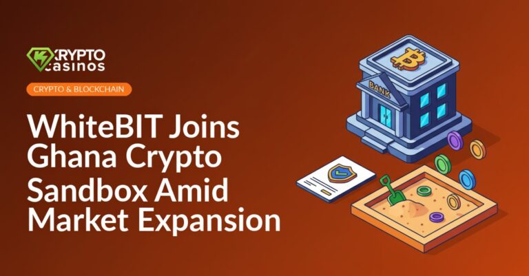 Digital bank building next to a sandbox with shovel and cryptocurrency tokens, alongside a license document with a shield icon.