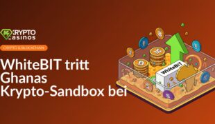 Logos von WhiteBIT und Ghana vor einer abstrakten Blockchain-Hintergrundgrafik in Blau und Gelb.