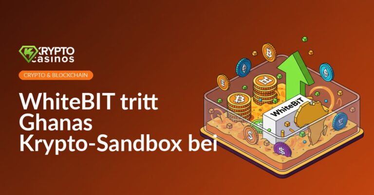 Logos von WhiteBIT und Ghana vor einer abstrakten Blockchain-Hintergrundgrafik in Blau und Gelb.