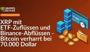 Horizontaler Kurschart bei 70.000, gestapelte Blockchain-Würfel mit Manometer, Münzstapel fließen in ETF-Ordner