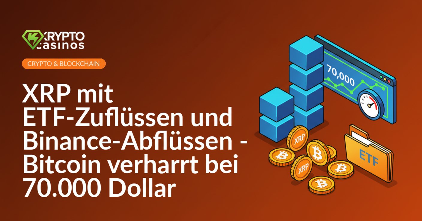 Horizontaler Kurschart bei 70.000, gestapelte Blockchain-Würfel mit Manometer, Münzstapel fließen in ETF-Ordner