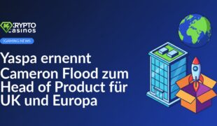 Modernes Bürogebäude, Globus mit Fokus auf UK und Europa, Rakete startet aus offenem Produktkarton.